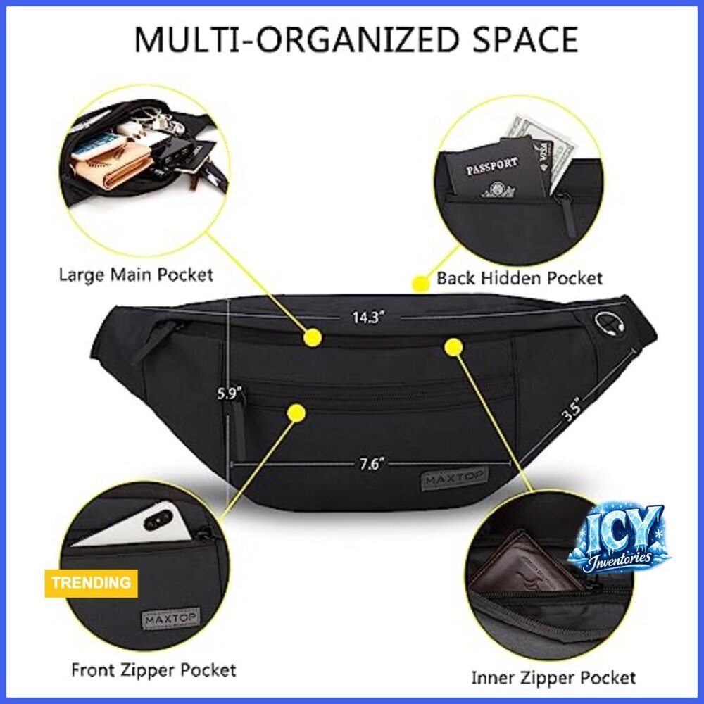 Large Crossbody Fanny Pack with 4 Zipper Pockets, Water-Resistant Polyester - Picture 3 of 6